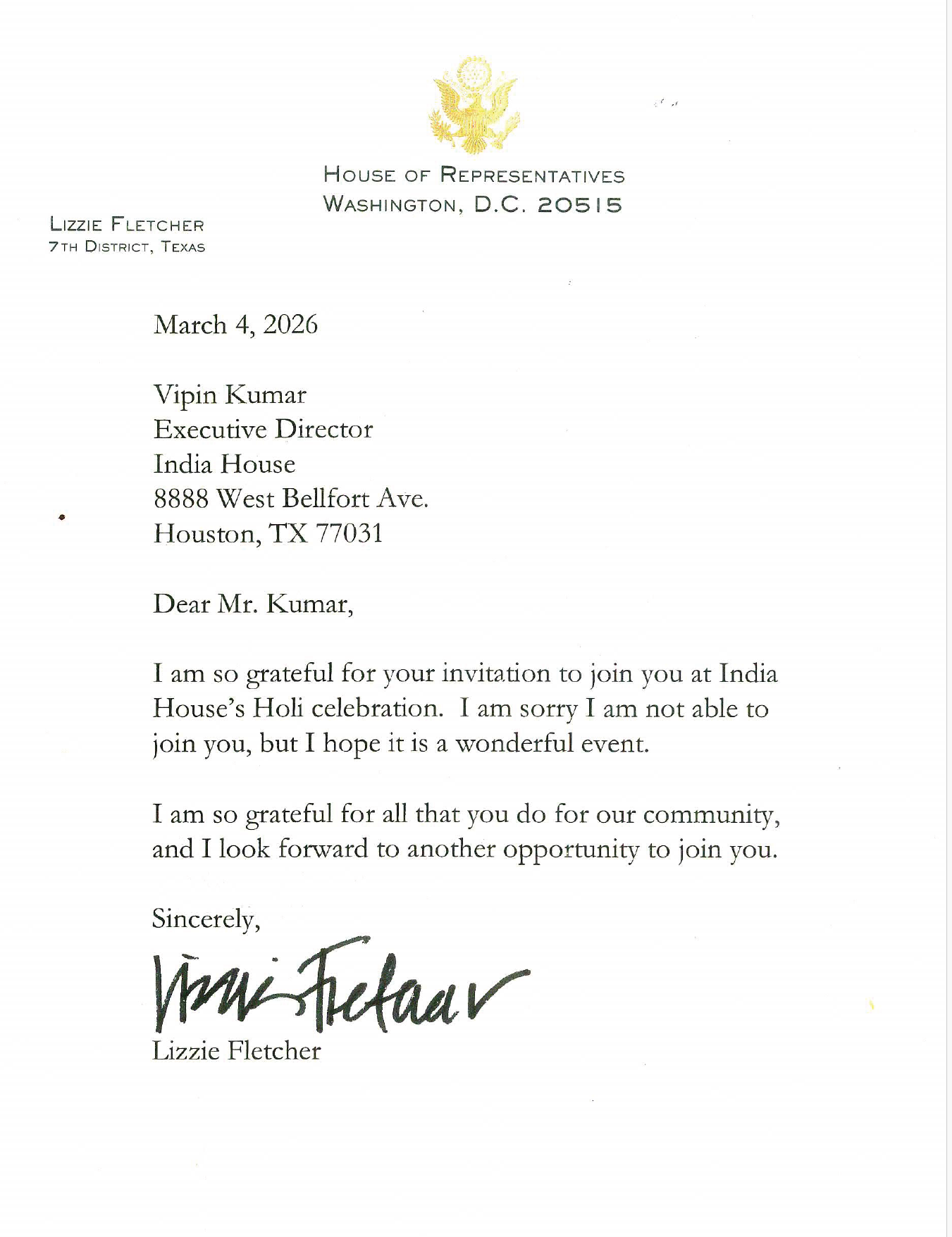 2026-03-04 Lizzie Fletcher Holi Message